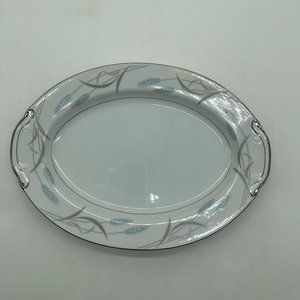 EUC Vintage Valmont China Royal Wheat Blue Silver White Oval Serving Platter 12"